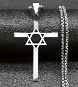 Collar De Cruz Y Estrella De David Cadena De Acero Inoxidable Moderna Religión - Picture 1 of 2