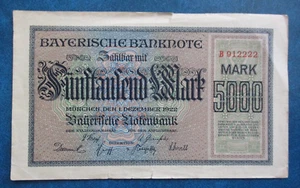 1922 GERMANY BAVARIA BAYERISCHE BANK CIRCULATED 5000 MARK BANKNOTE - Picture 1 of 2