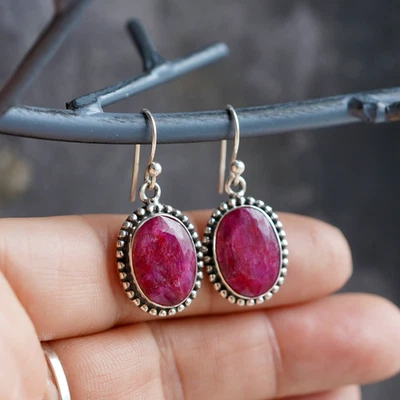 Sterling Silver Indian Ruby Drop Oval Earrings - Image 1 of 2
