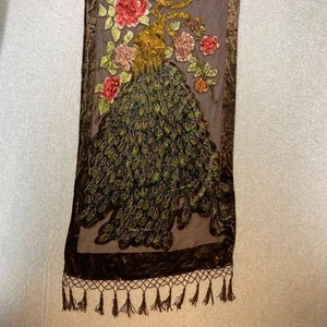 Peacock Silk Blend Burnout Shawl Wrap Hand Beaded 3D Devoré Floral Velvet Brown - Picture 1 of 18