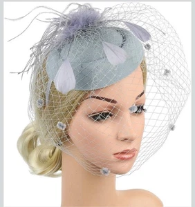 Grau Pillbox Fascinator Frauen Hut Hochzeit Tee Party Feder Schleier Stirnband Clip - Bild 1 von 9