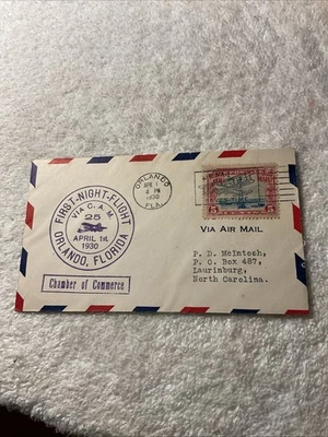 U.S.-1930-FIRST NIGHT FLIGHT ORLANDO,FLORIDA .to LAURINBURG,NC. Cover #L5 - Image 1 of 2