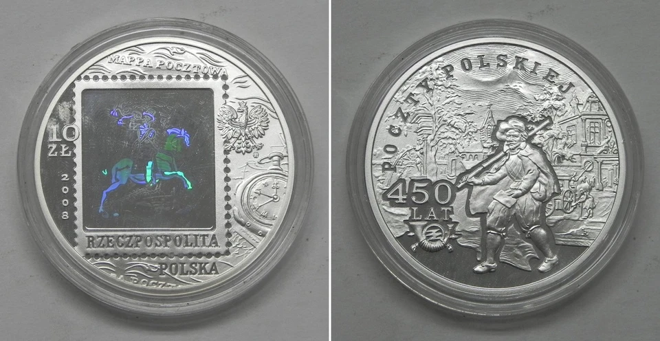 X6957  2008 Poland 10 Zlotych Silver Coin, 450 Year of Polish Postal Service - Image 1 of 1