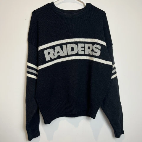 VTG  Raiders Black Acrylic Sweater LA Black Oakland Large Cliff Engle Las Vegas Cover