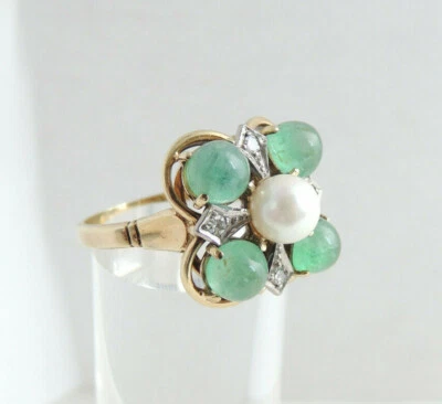 Alter Ring - Kleeblatt aus Diamanten, Smaragden und Perle - 585er Gold - Gr 55 - Bild 1 von 4