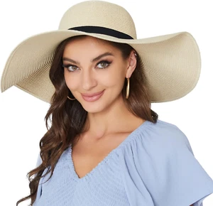 Women Wide Brim Sun Hat UPF50 Straw Summer Hat Floppy Beach Hat Roll-Up - Picture 1 of 12