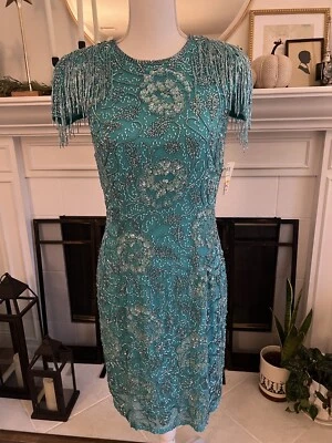VTG. BEAUTIFUL 80S NITELINE BLUE BEADED/SEQUIN SILK DRESS SZ 10 NEW! DYNASTY - Image 1 of 4