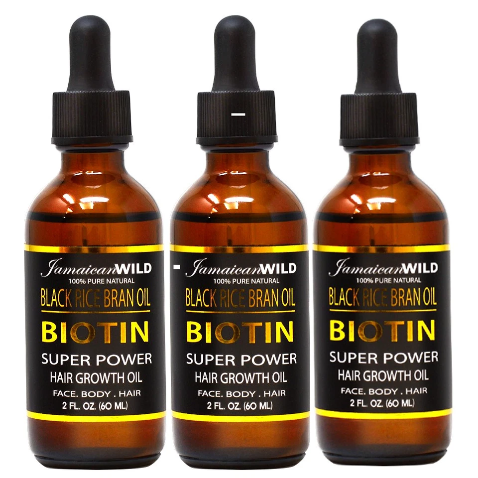 Aceite de salvado de arroz negro salvaje jamaicano biotina súper poderoso crecimiento del cabello 2 oz (paquete de 3) Foto 1 de 1