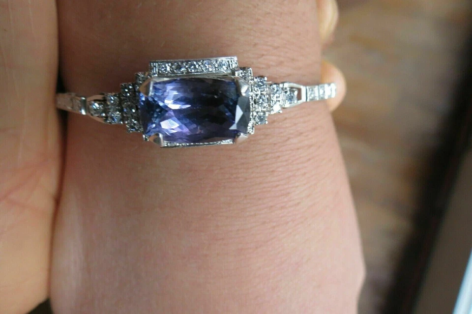 5Ct Emerald Cut Tanzanite Diamond Simulated  Bracelet 14K White Gold Finish - Image 1 of 4