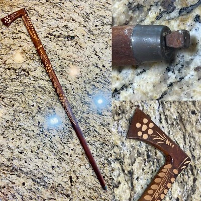 Vintage African Carved Etched Wood Walking Stick Cane Railroad Spike Tip End - Image 1 of 4