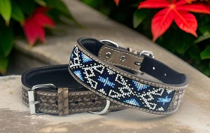 Western Leather Beaded Handmade Pet Dog Collar Heavy Duty Hand Tooled Adjustable - Picture 1 of 8