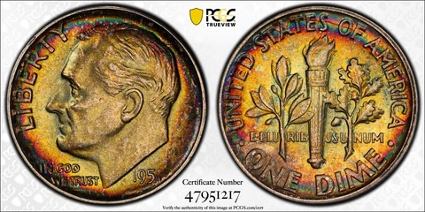 MS62 1951 10C Roosevelt Silver Dime, PCGS Secure- Rainbow Toned Cover