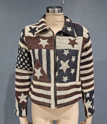 SHAVER LAKE Vtg Tapestry Stars Stripes Patriotic Flag Full Zip Jacket S - Image 1 of 4