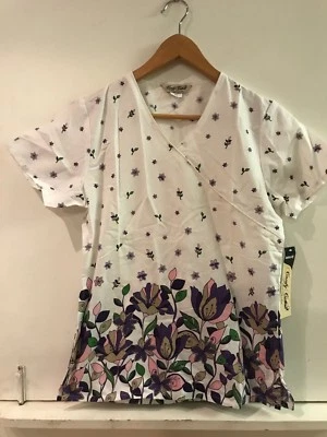 COMFY COTTON SCRUBS XS White Purple Floral PRINT SCRUB TOP NWT - Image 1 of 4