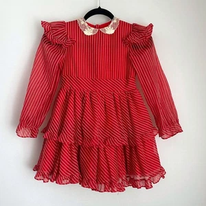 Vintage Martha's Miniatures Ruffle Dress Lace Collar Striped Party Made USA 6X - Picture 1 of 14