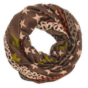 Loopschal Damenschal Braun Sterne Leo Print Tiger Motiv Rundschal Schal Herbst  - Bild 1 von 3