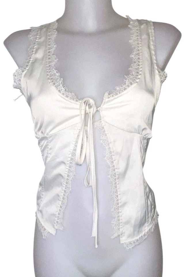 Camiseta sin mangas Y2k para mujer Babydoll de encaje marfil coqueta Kawaii frente abierto cami talla S Foto 1 de 4