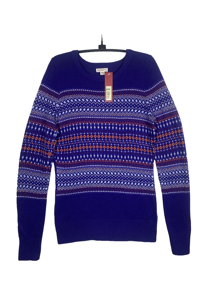 Nuevo con etiquetas Suéter tejido Merona para mujer mediano azul marino geométrico Fair Isle Foto 1 de 4