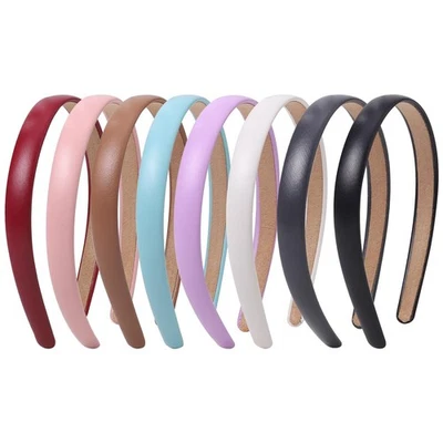 Paquete de 8 diademas de cuero de 0,6 pulgadas de ancho para mujer color liso simple S... Foto 1 de 4