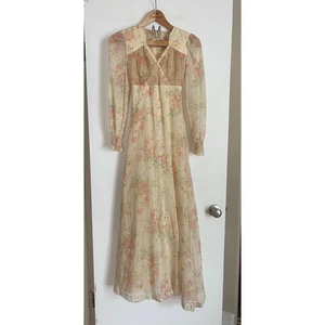 Vintage 70s Phase II California Prarie Floral Boho Sax Style Maxi Dress XS - Bild 1 von 5