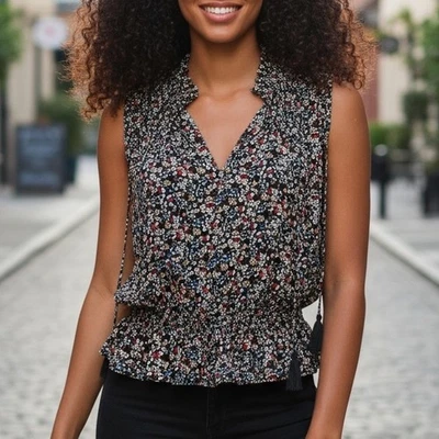 Derek Lam 女式 4 码丝绸 Ditsy 花卉印花流苏口音无袖衬衫 — 第 1/4 张图片