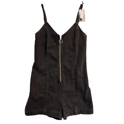 Moto TopShop Black Denim Romper Zip Strappy Shorts Playsuit Size UK 8 Festival - image 1 of 4