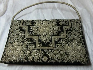 Metallfaden Stickerei Vintage Clutch Handtasche Schwarz Samt & Silber - Bild 1 von 12