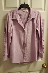 Damen Top Shirt Größe L Large Flieder Lila Langarm Knopf Rüsche am Ärmel - Bild 1 von 4
