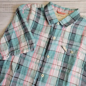 Camicia Tommy Bahama uomo XLX a quadri lino isola vestibilità moderna manica corta blu rosa - Foto 1 di 10