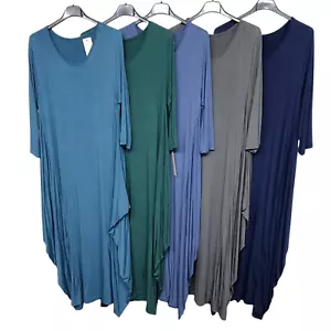 New Ladies Italian Lagenlook Loose Baggy Style Plain Midi Dress Stretchy Comfort - Picture 1 of 43