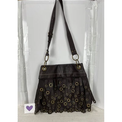 Maxx New York Leather Fringe Hobo Grommet Fringe Shoulder Bag Brown - Image 1 of 4