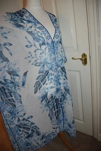 H&M Sheer Beach Midi Cover Up Kimono Blue White Button Front Oriental Kaftan O/S - Picture 1 of 13