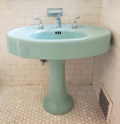 Fregadero de pedestal ovalado Kohler 1938 vintage excelente estado, verde clásico Foto 1 de 3
