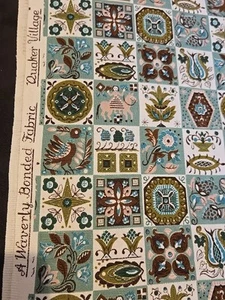 Vintage Waverly Quaker Village Symbols Bonded Fabric Teal NOS 60s 2 yds. - Picture 1 of 9