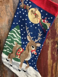 Vtg Wool Needlepoint Christmas Stocking Rudolph Reindeer Santa......z5 - Picture 1 of 4