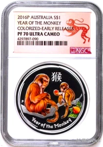 2016 P Australia PROOF COLORIZED Silver Lunar Year of Monkey NGC PF70 1oz Coin - Picture 1 of 2