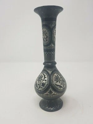 Antigua maceta de trabajo de hoja de plata Bidri grabada en hierro hecha a mano NH5378 Foto 1 de 4