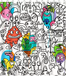 Kids Shower Curtain for Bathroom Fun Abstract Cartoon Red Little Monster Shower - Picture 1 of 12