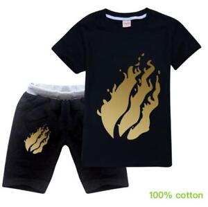 2PCS/Set Kids PRESTONPLAYZ Flame T-Shirt Top Tee+Shorts Pants Casual Summer Set-