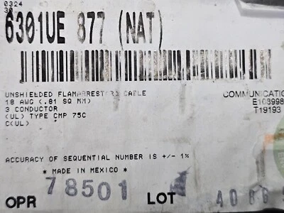 Belden Wire 6301UE 18/3C Media Control/Speaker/Audio Cable Plenum White /50ft - Image 1 of 4