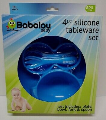 BABALOU BABY 4 Piece BPA Free Silicone Tableware Set Strong Suction Force Blue • 15.99$