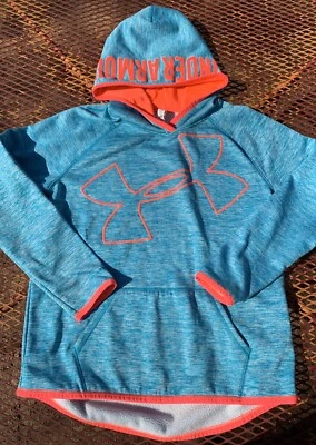 Sudadera con Capucha Under Armour Pullover Logo Grande Azul Teal Naranja Juvenil Grande Coldgear Niña Foto 1 de 4