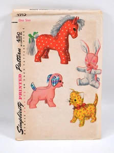 Juguetes de peluche vintage Simplicity años 50 patrón 4915 caballo conejito cachorro y gato - Imagen 1 de 8