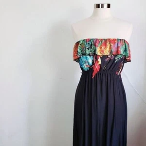 Halo Damen Medium schwarz tropisch Blumen Volant trägerlos Maxikleid - Bild 1 von 16