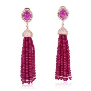 4.10ct Natural Round Diamond 14k Rose Gold Ruby Wedding Tassel Earring - Picture 1 of 3