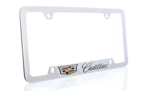 Cadillac with Crest Brass License Plate Frame with Chrome Finish (4 hole) - Foto 1 di 3
