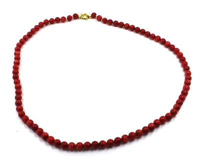 Colar de ouro amarelo 18k 20" com bolas de esferas redondas de coral de bambu vermelho 5mm - Imagem 1 de 4