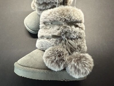 STEPPING STONES Grey Faux Fur Bow BOOTS BABY TODDLER SIZE 4 NEW With TAGS - Imagem 1 de 4