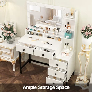 NEW Bedroom Makeup Vanity Table Makeup Desk 5-Drawers with Lighted Mirror US - Picture 1 of 10