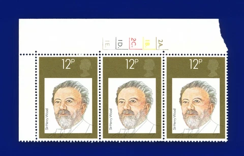 1980 SG1130 12p Sir Henry Wood W459 Cylinder Strip (3) 2A1B2C1D1E1F Dot MNH artn Cover